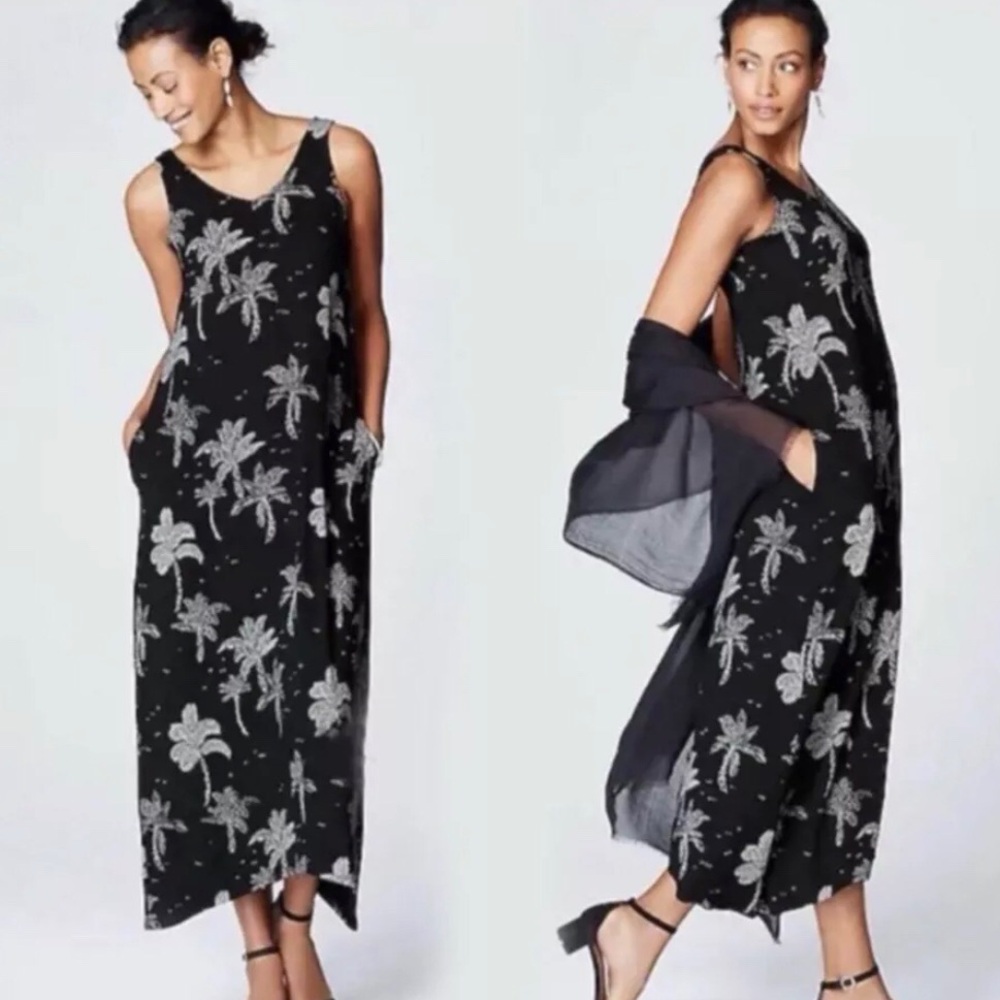 J Jill Wearever Collection Black White Palm Tree Print Knit Midi Maxi Dress S XS